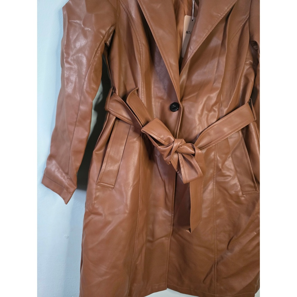 Utcoco Faux Leather Trench Coat Brown Belted Jacket Size M NEW - Picture 6 of 16